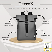 Load image into Gallery viewer, TerraX - ergonomischer, wasserdichter Rucksack mit großer Staufläche für Laptops und Utensilien